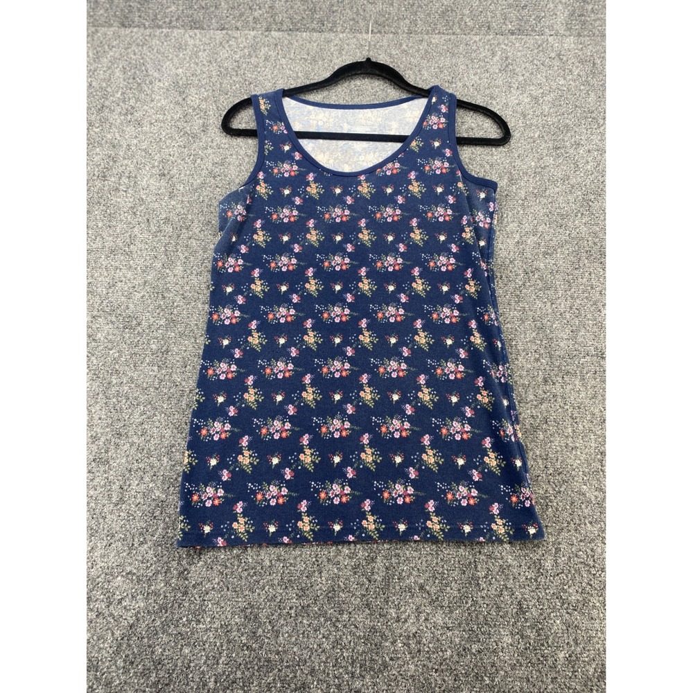 Time and Tru Floral Ribbed Tank Top Womens XL 16-18 Navy Blue Cotton Stretch